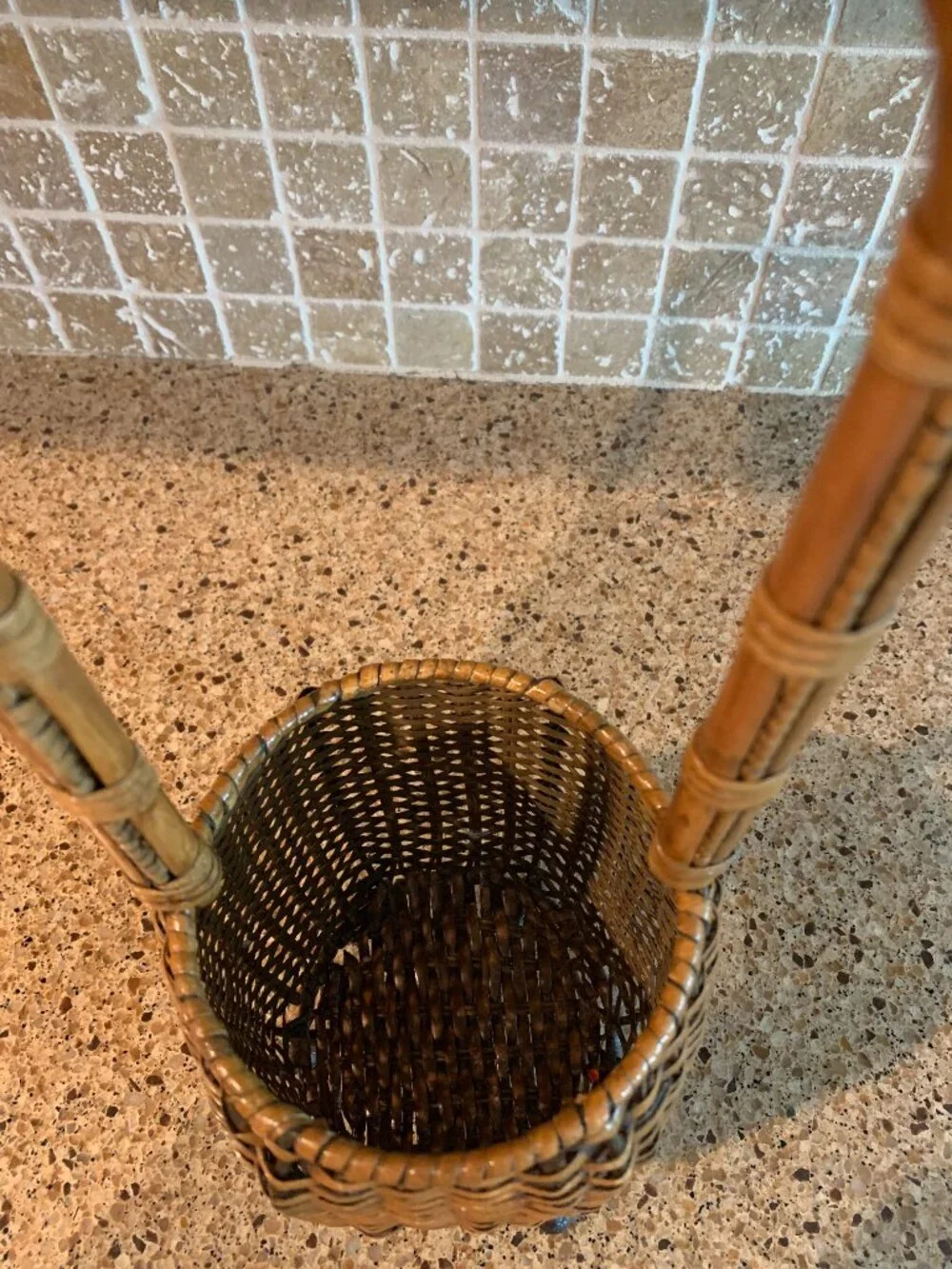 Woven Rattan and Bamboo Basket on 3 Footed Stand Vintage Ikebana Japanese Style